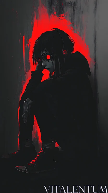 Hooded listener sits in neon red glow with vacant eyes