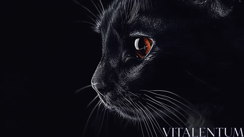 Black Cat with Amber Eyes Against Dark Background.