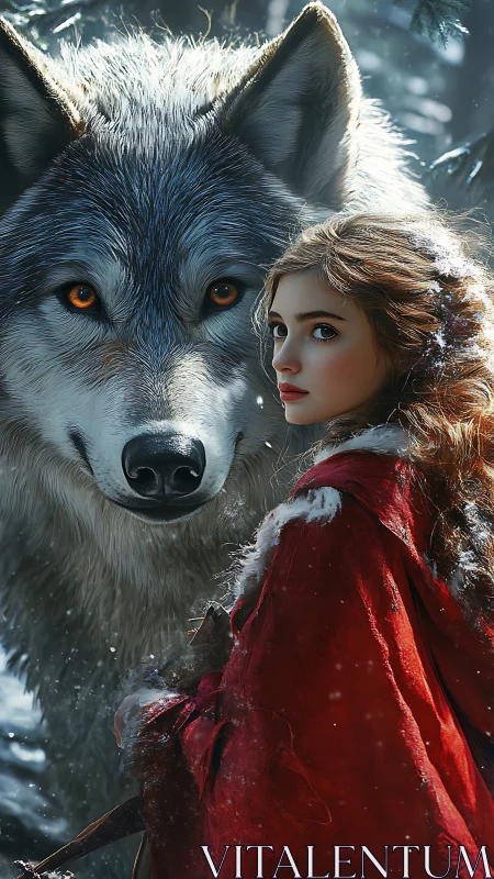 Girl in red cloak and silver wolf share a winter secret.