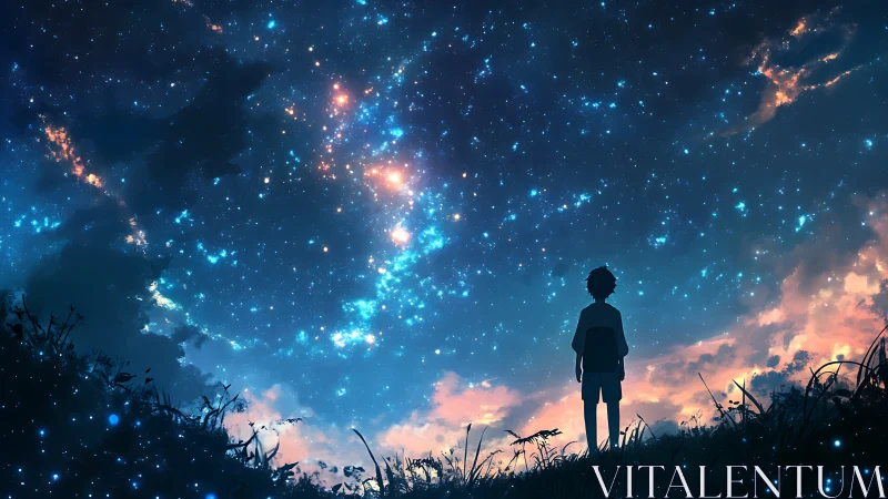 Nocturnal skyfield mapped above solitary silhouetted observer.