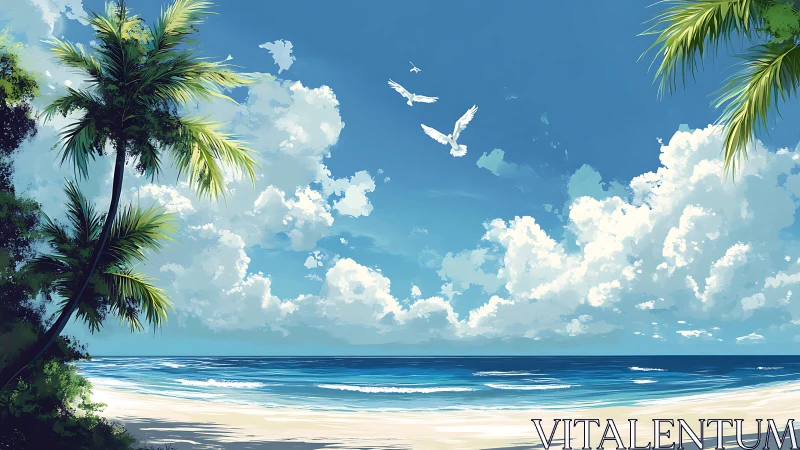 Tropical Beach Landscape with Palm Trees and Seascape
