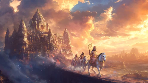 Warrior procession on white horses exits monumental temple fortress