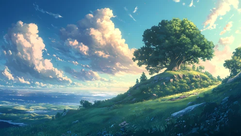 Sunlit hilltop tree overlooks a serene, dreamlike valley