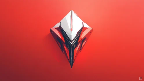 Futuristic chrome shard floats on vivid red backdrop.