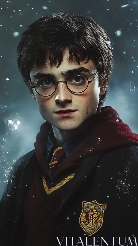 Photorealistic wizard student portrait in cinematic close-up framing.