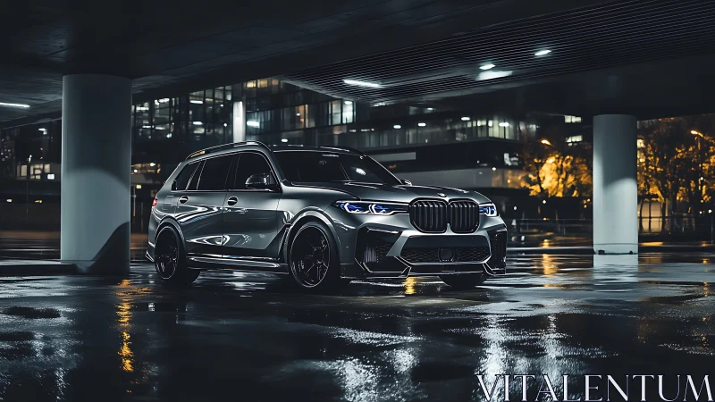 Sleek silver SUV glows confidently in a glossy night cityscape