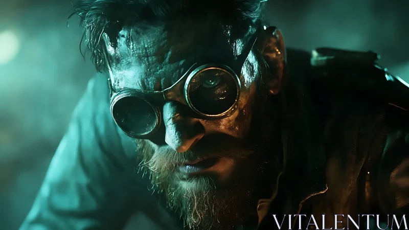 Gritted mechanic in glowing teal industrial haze.