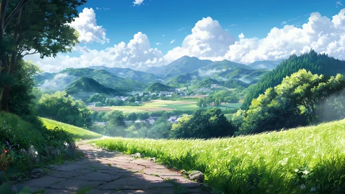 Sunlit rural valley rendered in high-detail anime landscape art