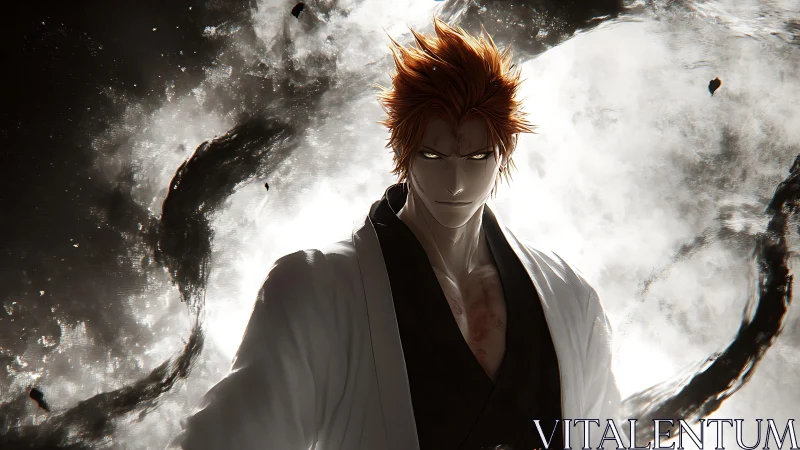 Anime warrior stands in front of swirling monochrome energy