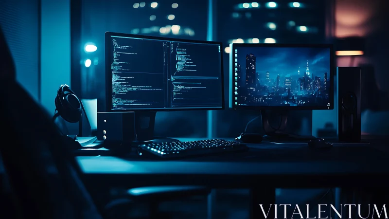 Dual-monitor coding workstation glows in a late-night city