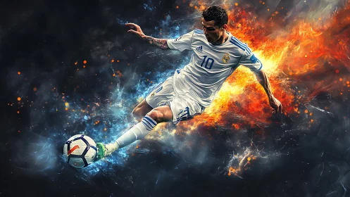 Explosive soccer volley framed by fire and ice energy trails.