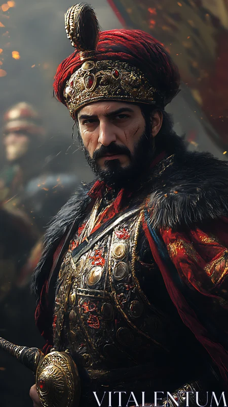 Regal warrior in crimson robes with ornate golden crown.