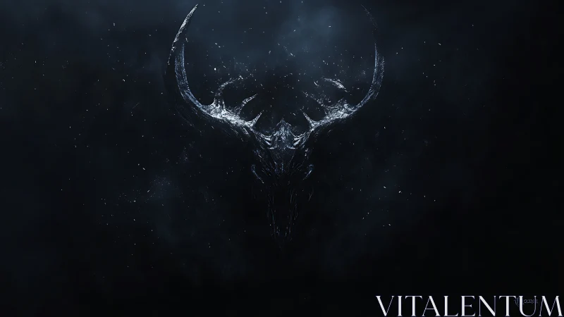 Fragmented horned skull emerges from abyssal digital void