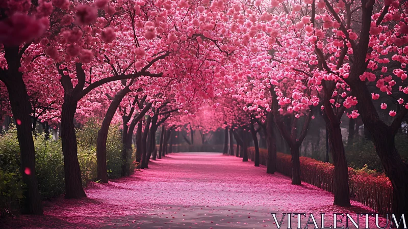Blossom-laden avenue whispers spring secrets in pink light