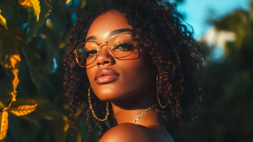 Portrait of woman with glasses in outdoor golden light.