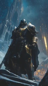 Armored knight in frozen ruin before distant burning city.