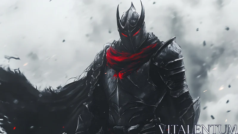 Mysterious dark knight wrapped in glowing crimson scarf.