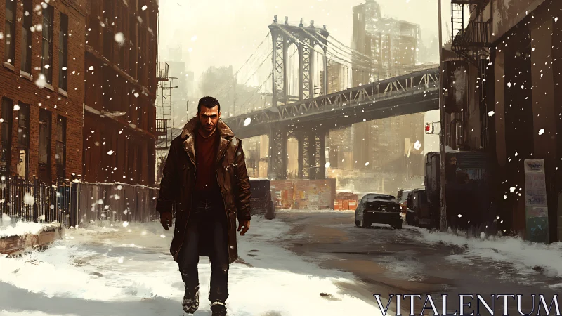 Snow-dusted city alley welcomes a determined winter wanderer