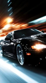 Midnight sports car races through neon-lit city streets.