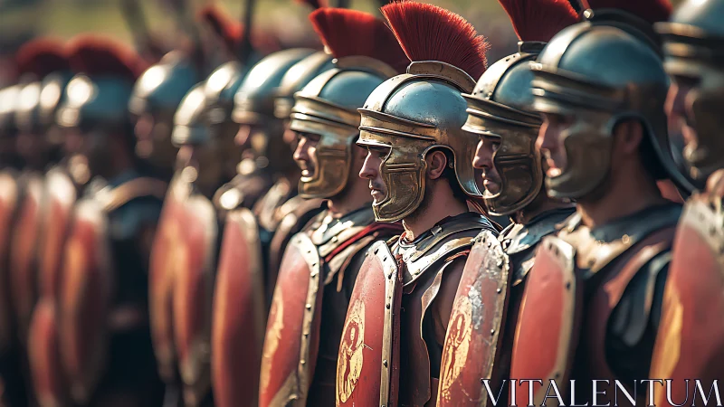 Roman legion soldiers lined in formation with red shields.
