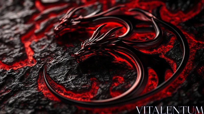 Glossy tri-dragon emblem rendered over molten lava relief surface
