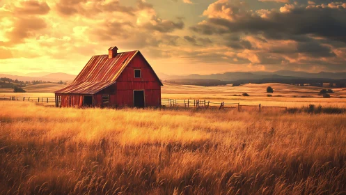 Sunlit red barn amid rolling golden fields at dusk.
