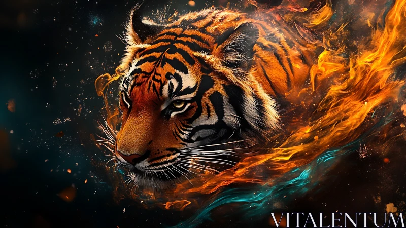 Ember-crowned tiger erupts from swirling cosmic firestorm.