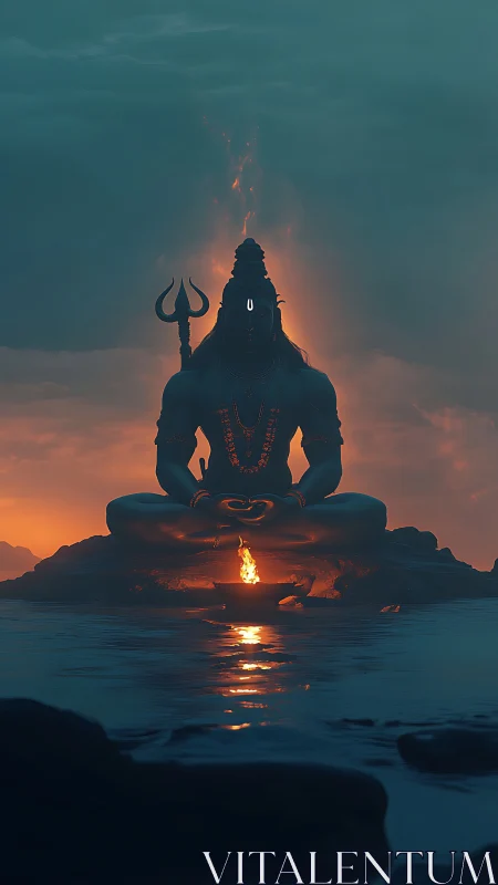 Serene blue deity amid dusk fireglow over still waters.