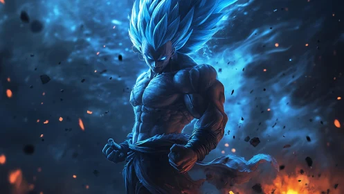 Blue flame warrior ignites a storm of cosmic battle fury.