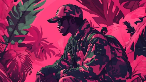 Soldier in neon jungle camouflage sits amid oversized foliage