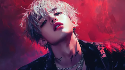 Androgynous idol portrait glows against vivid crimson backdrop