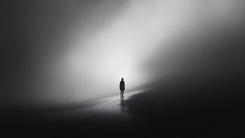 Solitary human figure in high contrast foggy landscape.