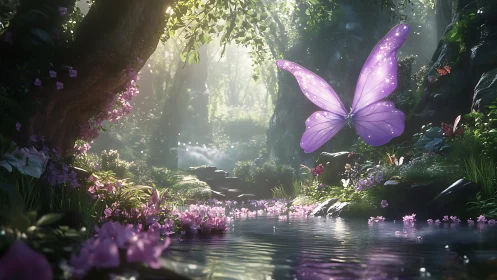 Fantasy forest stream with luminous purple butterfly.
