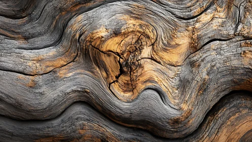 Weathered wooden surface shows contoured grain and erosion