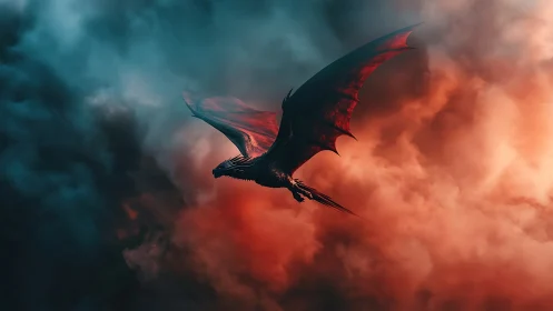 Majestic dragon gliding through glowing stormy clouds.