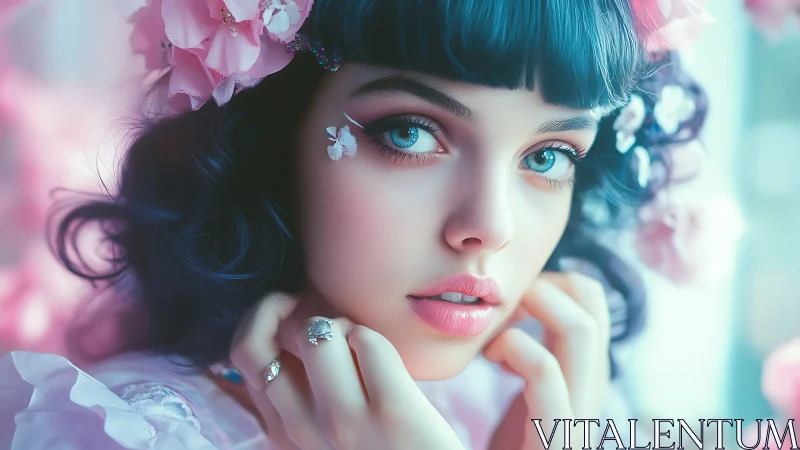 Soft-lit close portrait of blue-haired girl with floral adornments