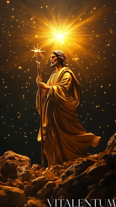 Golden robed wanderer under blazing celestial star.