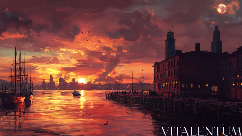 Harbor evening glow where city lights meet painted clouds.