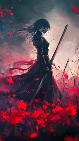 Wind-swept samurai silhouette amid high-saturation scarlet petals.