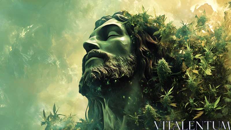 Leaf-crowned stone visage emerging in luminous green haze.