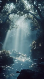 Sunlight penetrates dense forest canopy onto narrow stream
