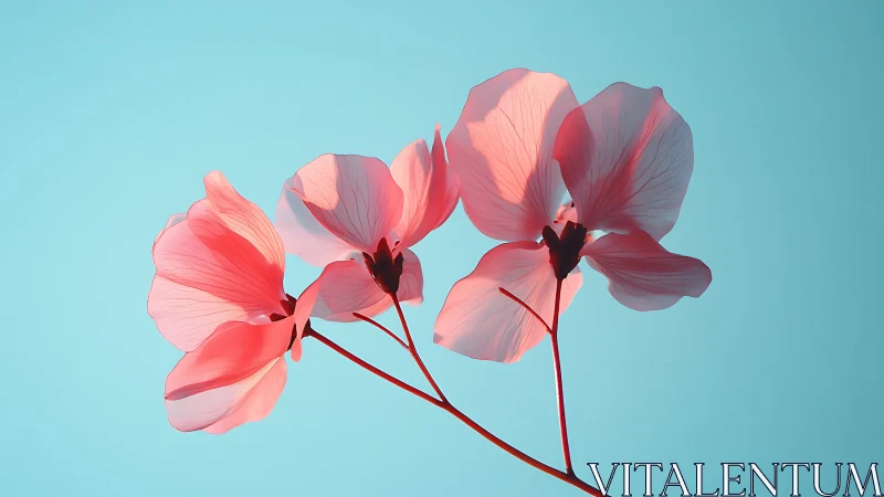 Three-dimensional sweet pea blossoms rendered with translucent petal geometry against cyan backgroun