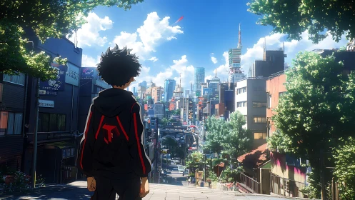 Urban teen overlooking sunlit futuristic Tokyo skyline.