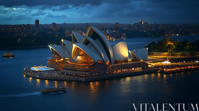 Sydney Opera House glows above harbor waters at dusk.