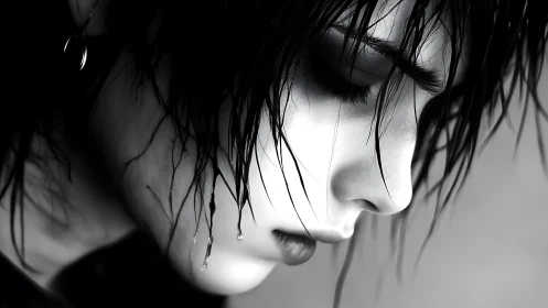 Rain-soaked profile carves silence into monochrome light