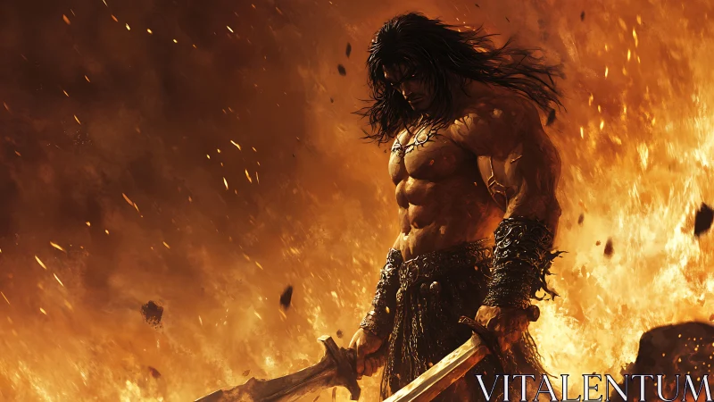 Fire-forged barbarian stands brooding in a storm of embers.