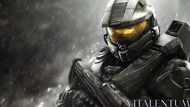 Armored sci fi soldier stands ready under driving rain