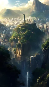Towering statue overlooks futuristic cliffs and cityscape.