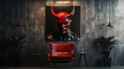 Red horned demon portrait anchoring dark modern interior.