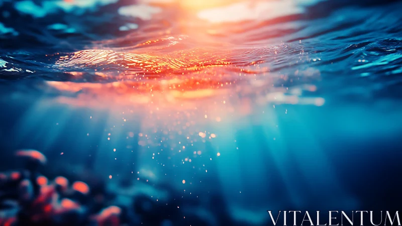 Sunlit underwater surface shows refracted light and particles